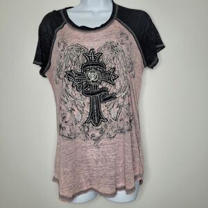 y2k pink black burnout cyber grunge MySpace thin cross wings top small